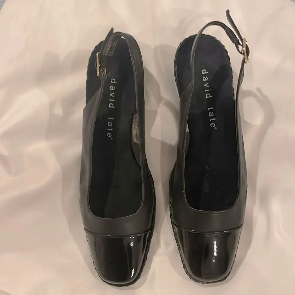 DAVID TATE BLACK LEATHER SLINGBACK ESPADRILLES. NEW